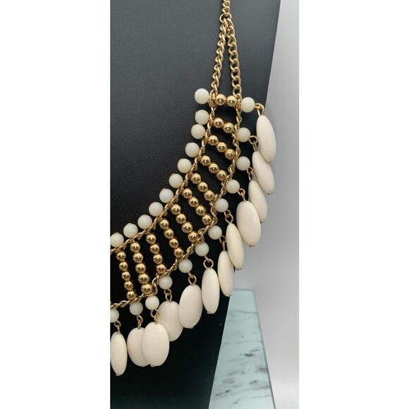 Gold Tone And White Dangly Beaded Statement Collar Bib Necklace - Picture 2 of 5